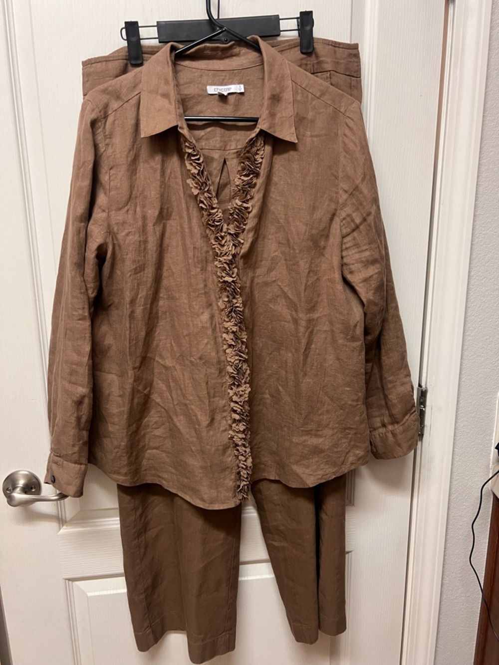 Chico’s Brown Linen Two-Piece Set with Ruffle Trim